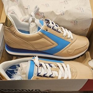 Brooks Tan and Blue Retro Sneakers with Suede Accents